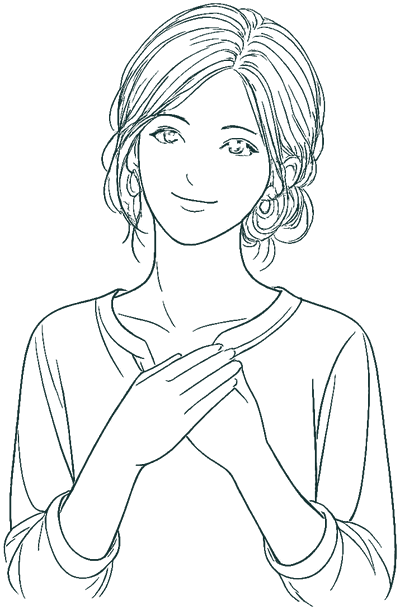 Illustration of a smiling woman with her hands over her heart